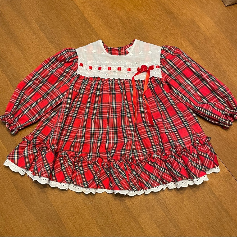 Vintage Baby Girl 24M Red Plaid Holiday Dress White Lace Trim Ribbon Bow USA
